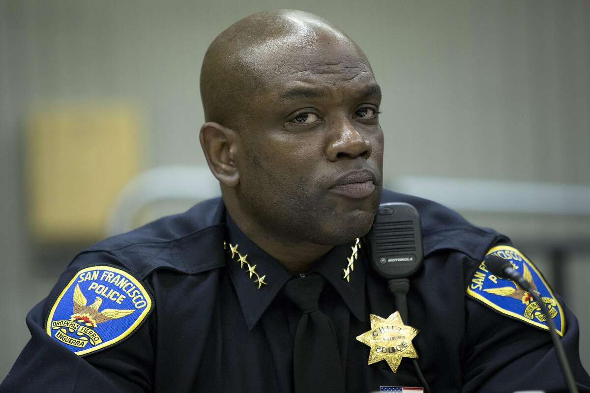 Actin police chief Toney Chaplin listens in to community members voice their concerns during a community meeting at the Southeast Community Facility on Monday, May 23, 2016 in San Francisco, Calif.