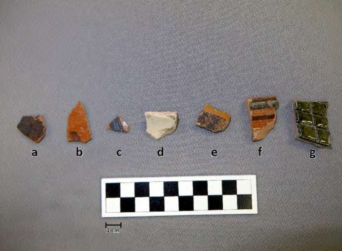 Lead glazed sherds encountered at the site. From left to right: a) Unknown Sandy Paste, b-c) Galera, d) Olive Jar, e) Yellow Glaze, f) Unknown, g) Green Lead Glaze (molcajete).