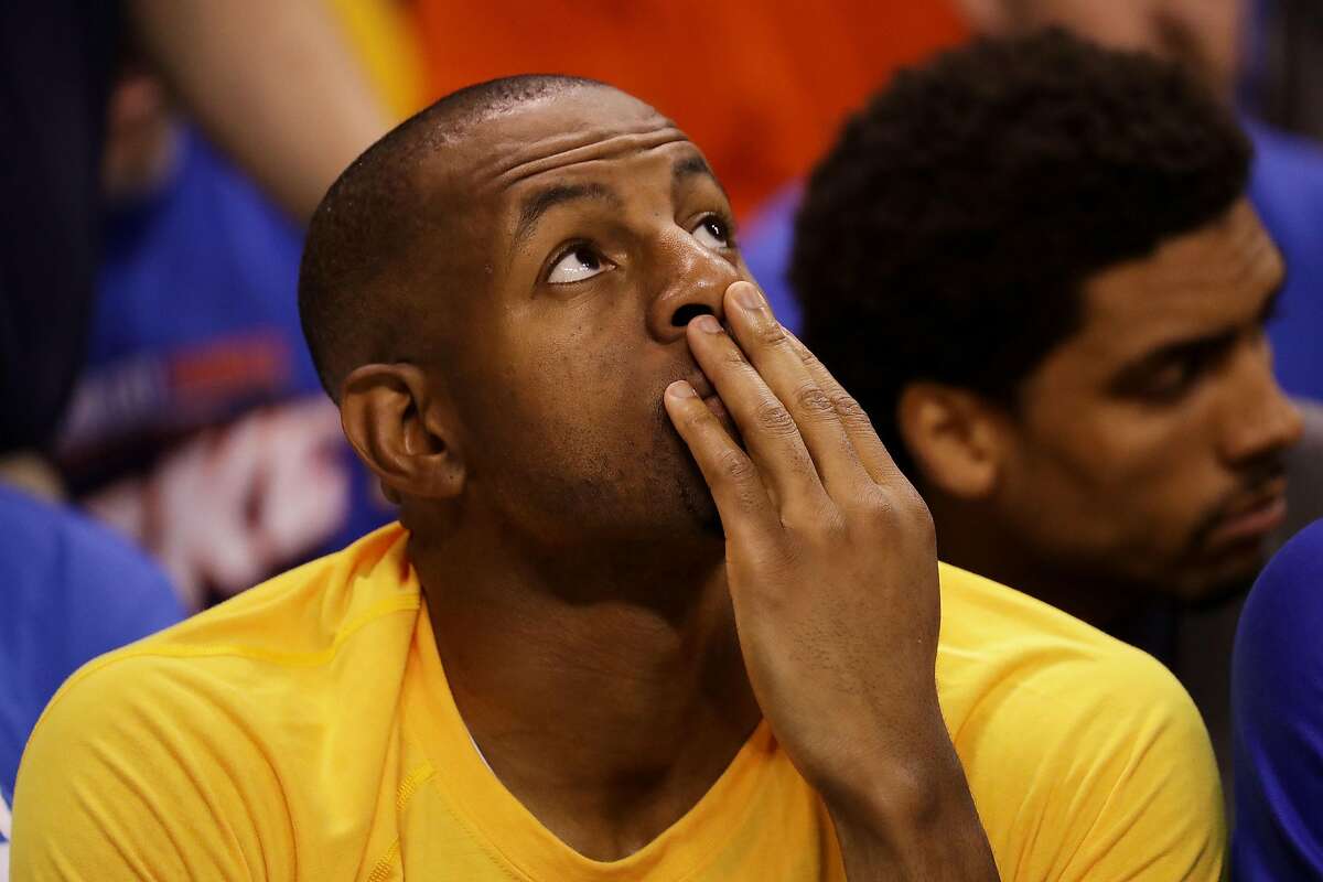 OKLAHOMA CITY, OK - MAY 22: Andre Iguodala #9 of the Golden State Warriors reacts during their 133 to 105 loss against the Oklahoma City Thunder in game three of the Western Conference Finals during the 2016 NBA Playoffs at Chesapeake Energy Arena on May 22, 2016 in Oklahoma City, Oklahoma. NOTE TO USER: User expressly acknowledges and agrees that, by downloading and or using this photograph, User is consenting to the terms and conditions of the Getty Images License Agreement. (Photo by Ronald Martinez/Getty Images)