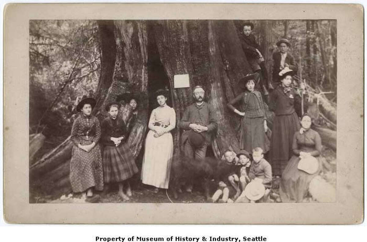 "Members and friends of the Campbell and Corliss families spent part of the summer of 1890 at Chautauqua (now Ellisport) on Vashon Island. They may have been members of the Puget Sound Chautauqua Assembly which met on the island at that time. Inspired by the year-around educational activities of the Chautauqua Assembly in New York State, a local group started the Puget Sound Chautauqua Assembly on Vashon Island in 1885. In this 1890 photo, a group of men, women and children has gathered at an immense burned-out stump. One person (third from left) peers out through a hole in the stump. Notes on the back of the photo identify only James Campbell (center) and his wife Mary Jane (far right), but some of the people occur in other photos in the collection." -MOHAI. Photo courtesy MOHAI, image number 1980.7025.21.