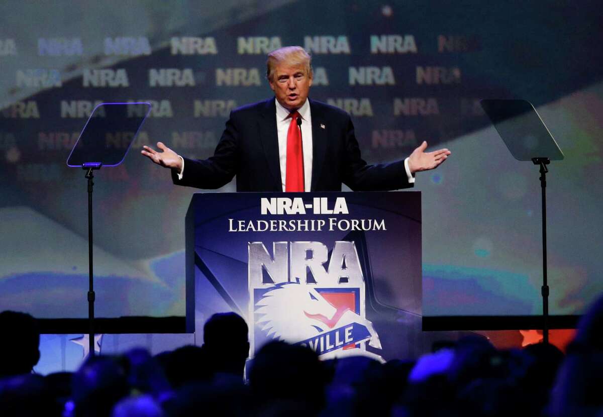 Republican presidential candidate Donald Trump speaks at the NRA Leadership Forum on Friday,﻿ in Louisville, Ky.﻿