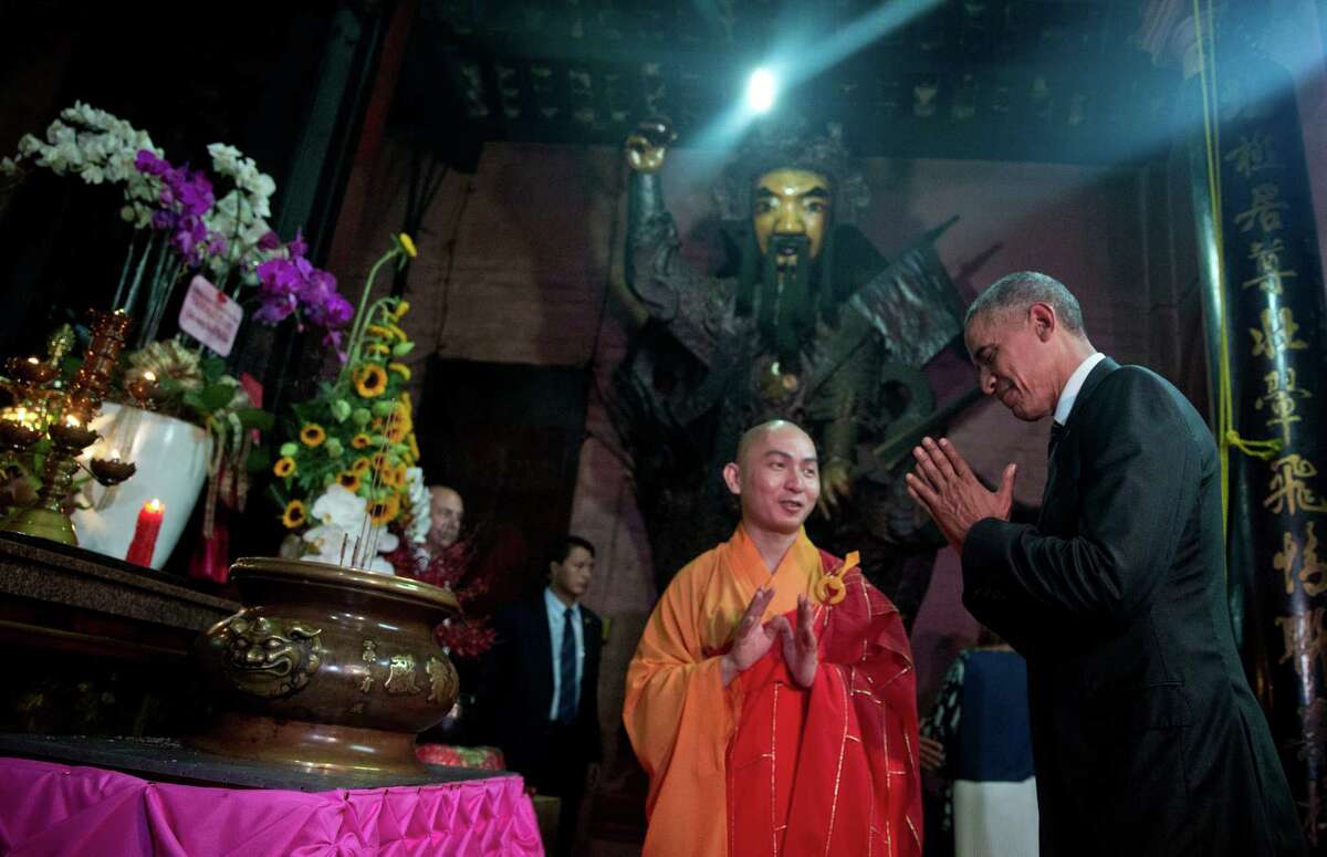 President Barack Obama ﻿visited the Jade Emperor Pagoda, one of the most-visited cultural destinations in Ho Chi Minh City, Vietnam, with abbot Thich Minh Thong﻿ ﻿on Tuesday﻿. ﻿