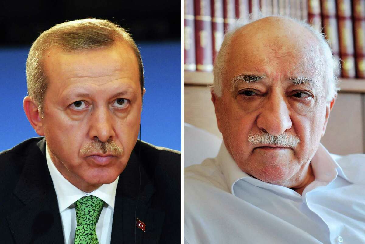 (FILES) This combination of a file picture and a handout file picture made on March 28, 2014 shows Turkey's Prime Minister Recep Tayyip Erdogan (L) giving a press conference in Brussels on January 21, 2014, and a handout picture released by Zaman Daily showing exiled Turkish Muslim preacher Fethullah Gulen (R) at his residence on September 24, 2013 in Saylorsburg, Pennsylvania. Turkish police on April 18, 2016 detained at least 105 people, including top construction executives, in a new crackdown on supporters of President Recep Tayyip Erdogan's arch foe, the US-based preacher Fethullah Gulen. Those detained are accused of providing financing for Gulen, who the Turkish government accuses of running a "terror organisation" seeking to overthrow his former ally Erdogan. Turkish prosecutors have issued arrest warrants for 140 people and 105 people have been detained so far, the state-run Anatolia news agency reported. / AFP PHOTO / THIERRY CHARLIER AND SELAHATTIN SEVI / RESTRICTED TO EDITORIAL USE - MANDATORY CREDIT "AFP PHOTO / THIERRY CHARLIER / ZAMAN DAILY / SELAHATTIN SEVI " - NO MARKETING NO ADVERTISING CAMPAIGNS - DISTRIBUTED AS A SERVICE TO CLIENTS - NO ARCHIVETHIERRY CHARLIER,SELAHATTIN SEVI/AFP/Getty Images