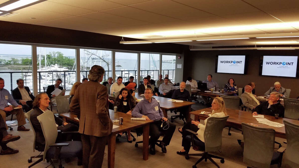Barry Kolevzon, managing partner of the Nessa Group, talks to participants of the inaugural Stamford Startupalooza hosted by Workpoint, a co-working space at Shippan Landing, on May 24, 2016. Photo courtesy Workpoint.