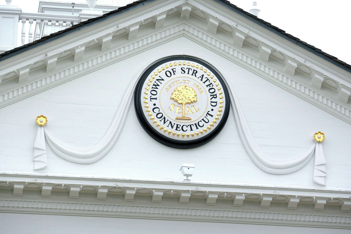 Town seal on the exterior of Stratford Town Hall, in Stratford, Conn.