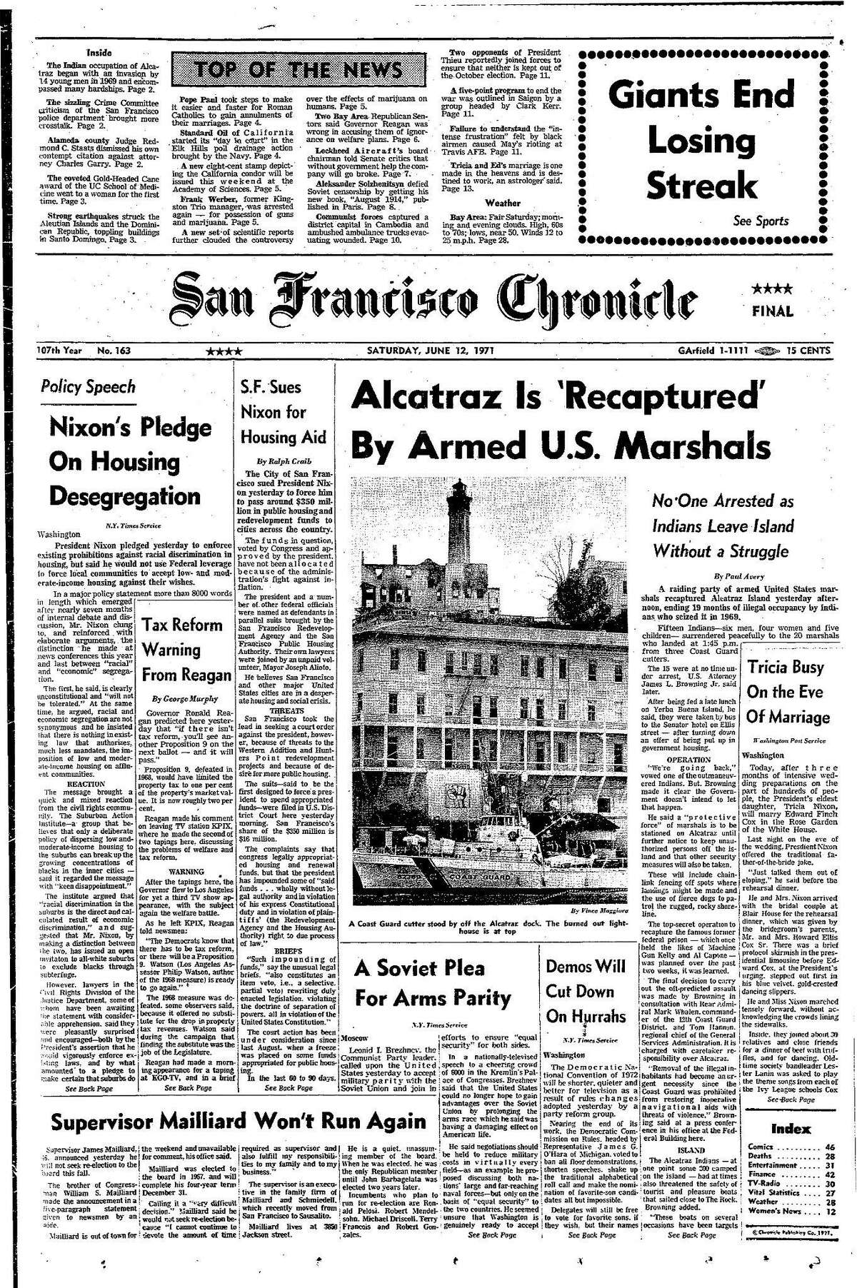 Historic Chronicle Front Page June 12, 1971 Alcatraz retaken by U.S. Marshalls, ni one arrested as Indians leave island without a struggle Chron365, Chroncover