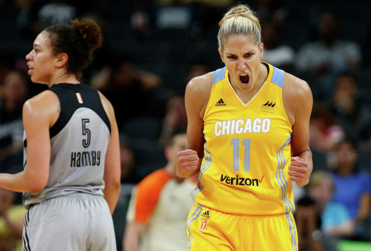 Chicago Sky’s Elena Delle Donne reacts after scoring and being fouled by San Antonio Stars Dearica Hammy on May 27, 2016 at AT&T Center.