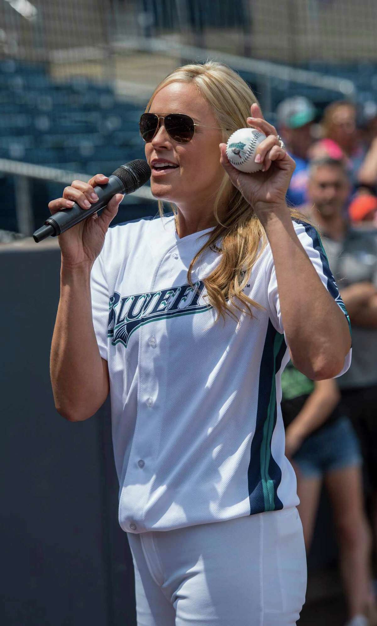 The Bridgeport Bluefish with softball star Jennie Finch as guest manager against the Southern Maryland Blue Crabs during a baseball game played at the Ballpark at Harbor Yard, Bridgeport, CT on Sunday, May 29, 2016.