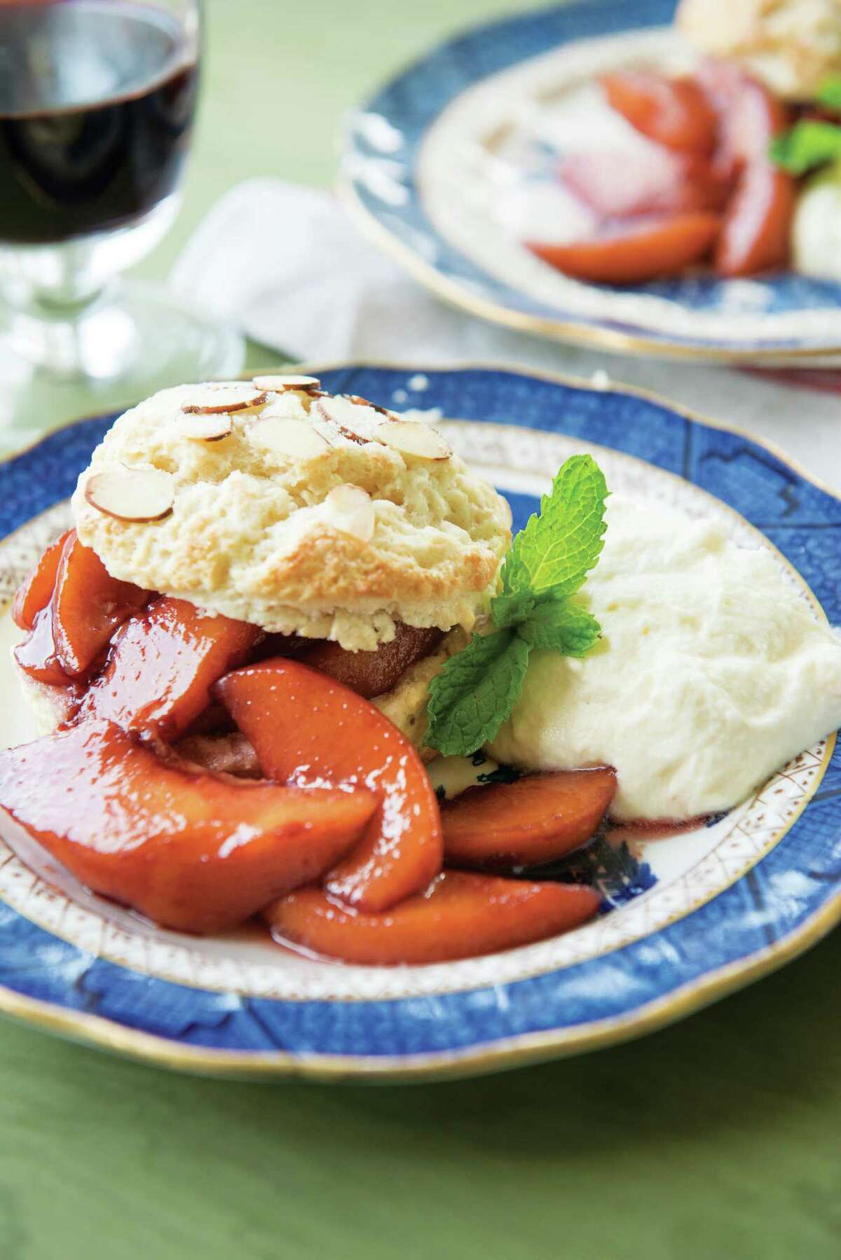 Almond Buttermilk Shortcakes with Peaches Poached in Red Wine & White Chocolate Whipped Cream are featured in "Julia Reed's South" (Rizzoli, $50).