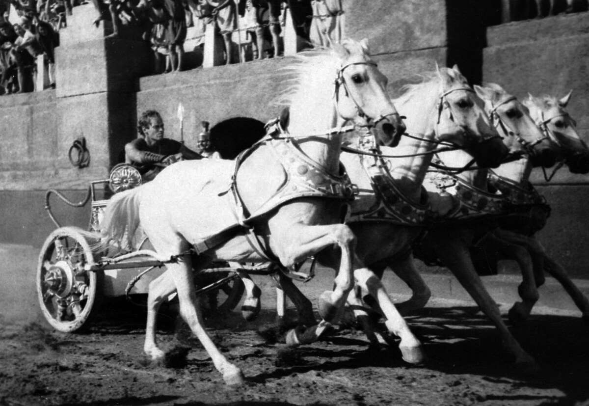 Charlton Heston drives a chariot toward the finish line in a scene from the 1960 Metro-Goldwyn-Mayer classic "Ben-Hur."