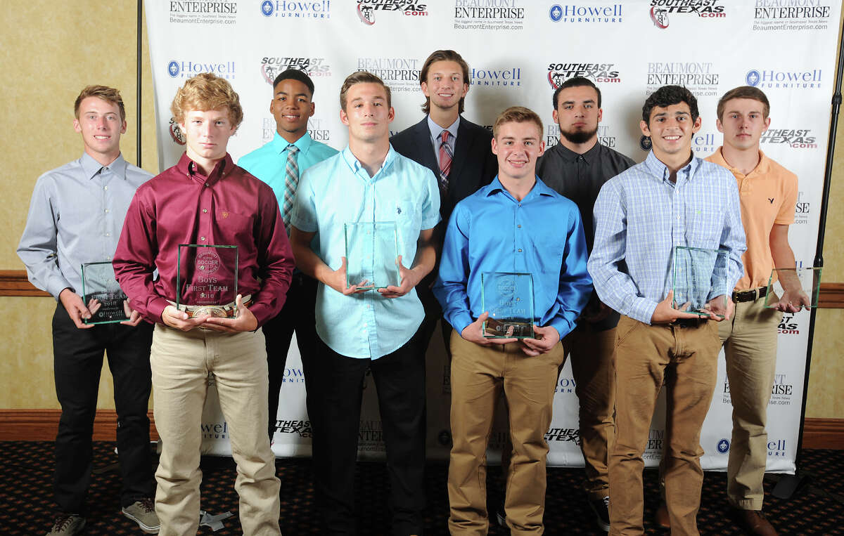 2016 Beaumont Enterprise Super Gold Boys Soccer First Team, presented by Howell Furniture. From left, Port Neches-Groves' Koby Jones, Silsbee's Brady Carter, Silsbee's Caleb Curry, Port Neches-Groves' Bryce Meche, West Brook's Jackson Le Blanc, Nederland's Ethan Landry, Nederland's Anthony Drago, Kelly's Cal Bryan, Little Cypress Mauriceville's Dallas Stewart at the Beaumont Enterprise Super Gold 2016 Spring Sports Banquet presented by Howell Furniture. The annual event honors area athletes. Photo taken Wednesday, May 25, 2016 Guiseppe Barranco/The Enterprise