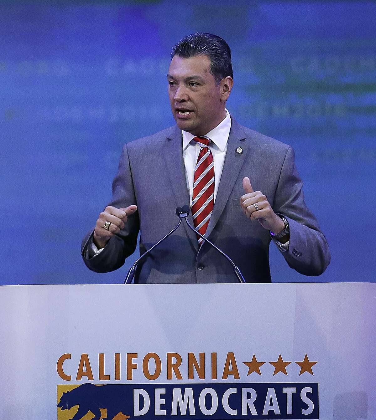 In this Saturday, Feb. 27, 2016, photo California Secretary of State Alex Padilla gestures while speaking before the California Democrats State Convention in San Jose, Calif. �There�s no other fundamental right we have as citizens that requires you to register or fill out a form,� said Padilla, who advocated for a California legislation for automatic registration bills. (AP Photo/Ben Margot)