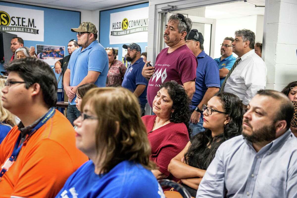 Members of the community listen during a Harlandale ISD board of trustees meeting where they discussed the procedure for renaming schools, but no vote was taken on whether to rename Vestal Elementary after late Tejano star Emilio Navaira, in San Antonio, Texas on Wednesday, June 1, 2016.