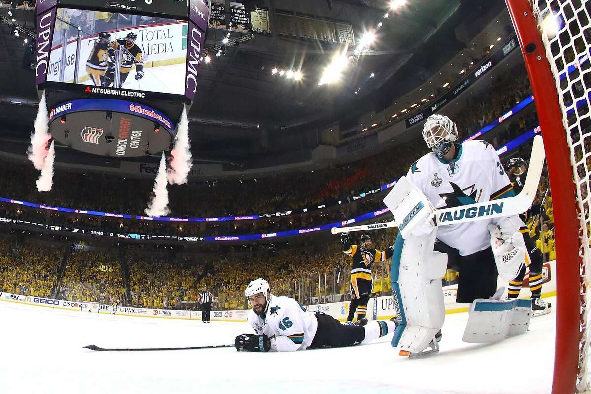 PITTSBURGH, PA - JUNE 01: Roman Polak #46 of the San Jose Sharks and Martin Jones #31 react after a second period goal by Phil Kessel #81 of the Pittsburgh Penguins (not pictured) in Game Two of the 2016 NHL Stanley Cup Final at Consol Energy Center on June 1, 2016 in Pittsburgh, Pennsylvania. (Photo by Bruce Bennett/Getty Images)