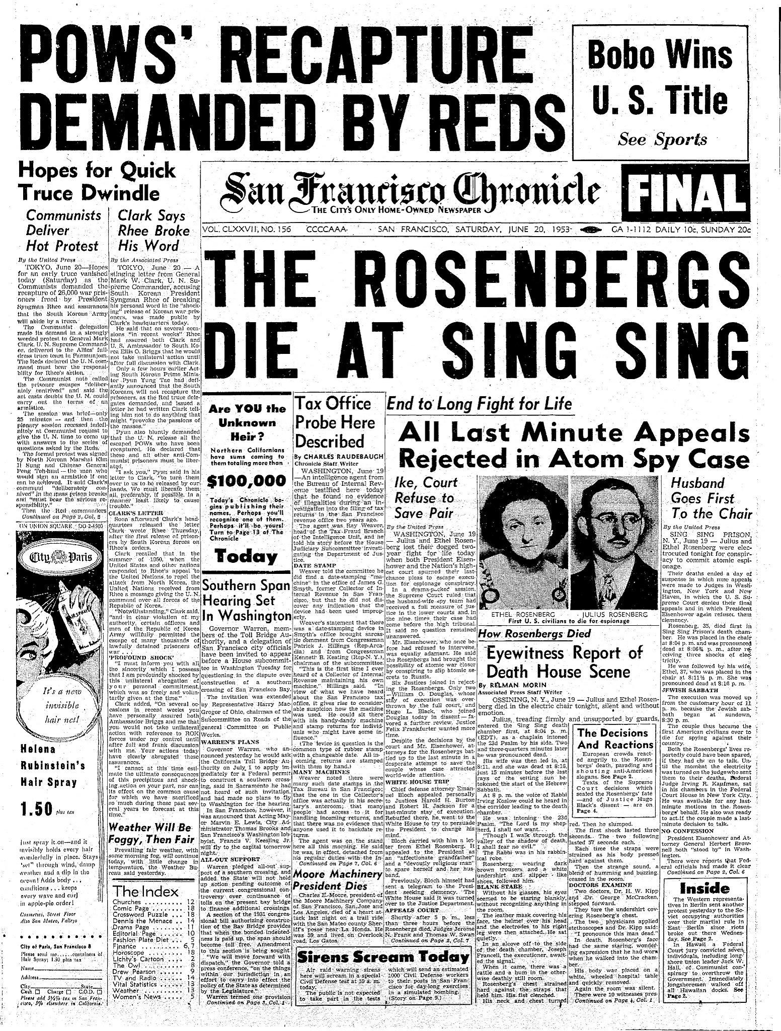 Chronicle Covers When the Rosenbergs were executed for espionage