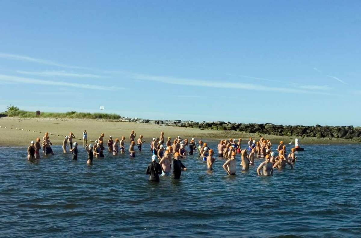Swimmers get ready to start the 2 mile open swim off of Island Beach Saturday morning.