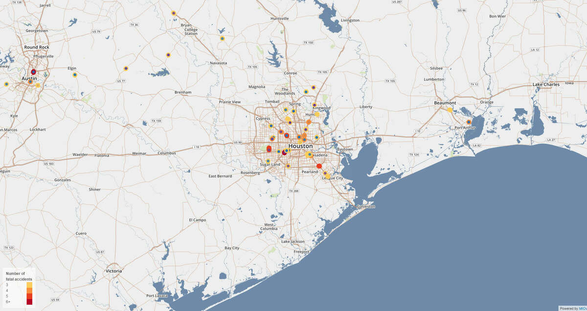 A screenshot of accidents in the Greater Houston area between 2009 to 2011.