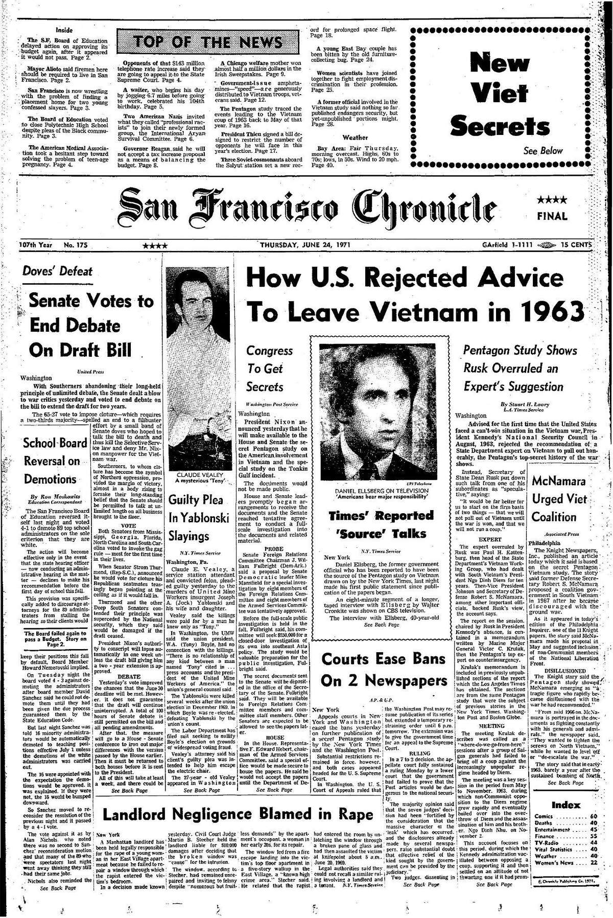Historic Chronicle Front Page June 24, 1971 front page Pentagon Papers gain wider release Chron365, Chroncover