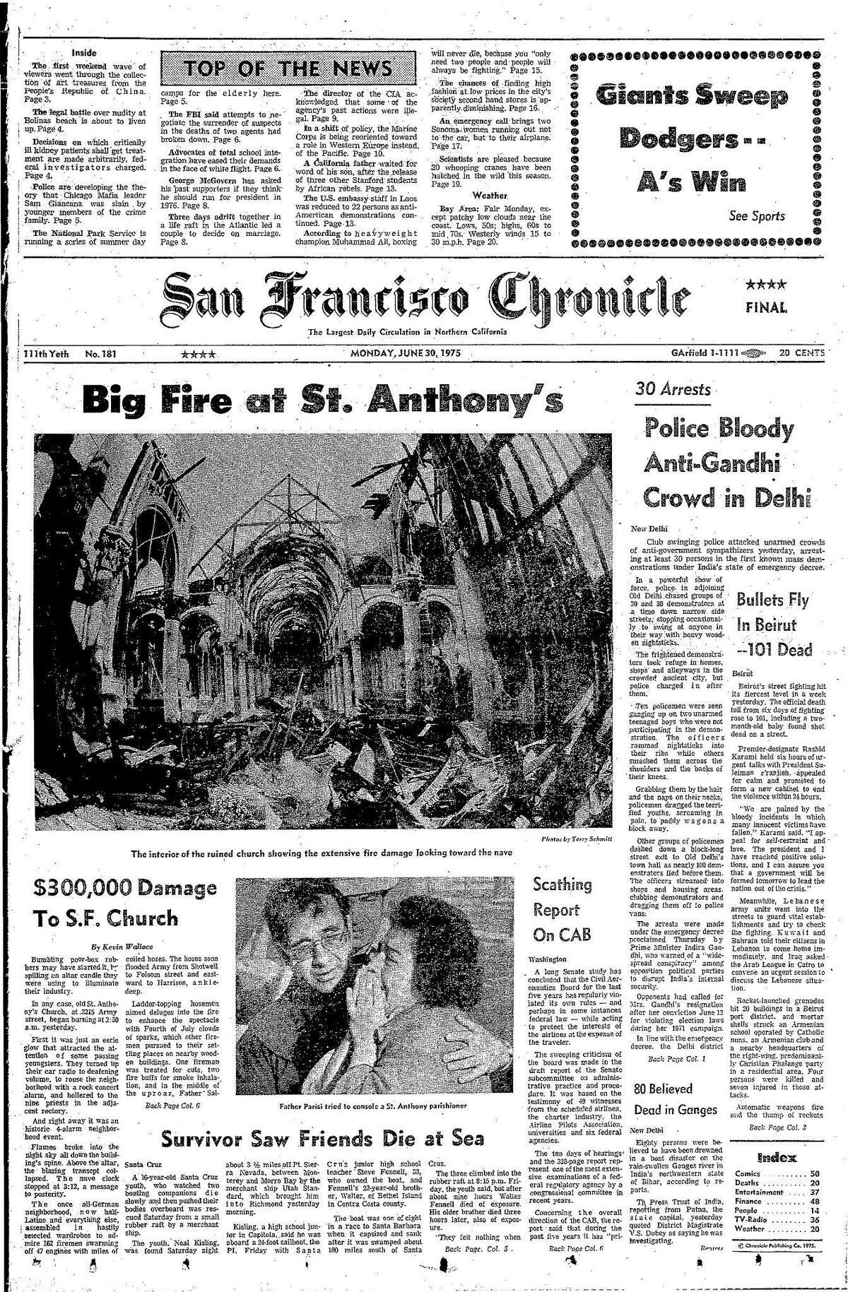 Historic Chronicle Front Page June 30, 1975 front page Huge fire destroys St. Anthony's Church in San Francisco Chron365, Chroncover