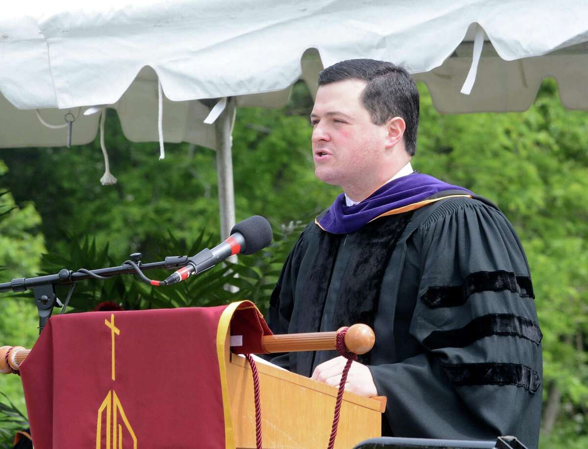 First Selectman of the Town of Trumbull, Timothy Herbst, speaks to those in attendance at the Commencement ceremony. St. Josephs High School in Trumbull, Conn. Graduation ceremony took place at their campus on Sat. June 4, 2016.