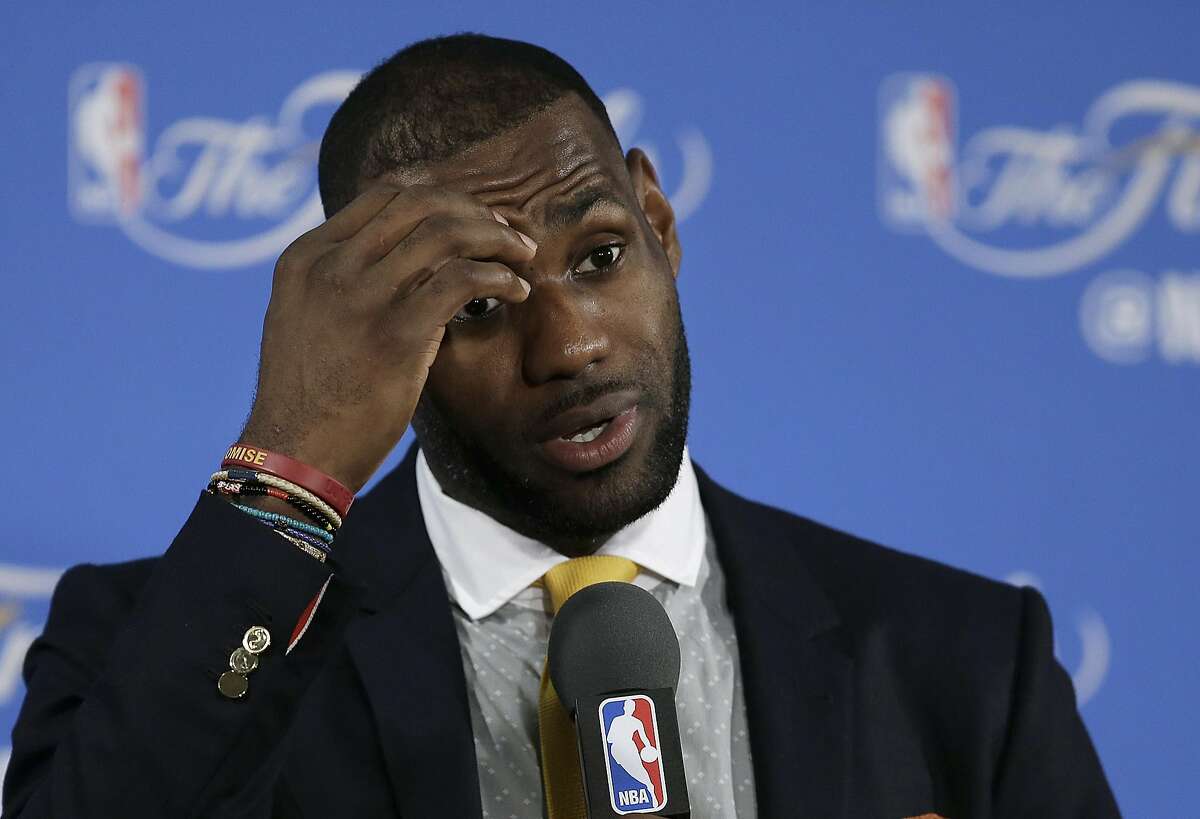 Cleveland Cavaliers forward LeBron James speaks at a news conference after Game 1 of basketball's NBA Finals between the Golden State Warriors and the Cavaliers in Oakland, Calif., Thursday, June 2, 2016. The Warriors won 104-89. (AP Photo/Ben Margot)