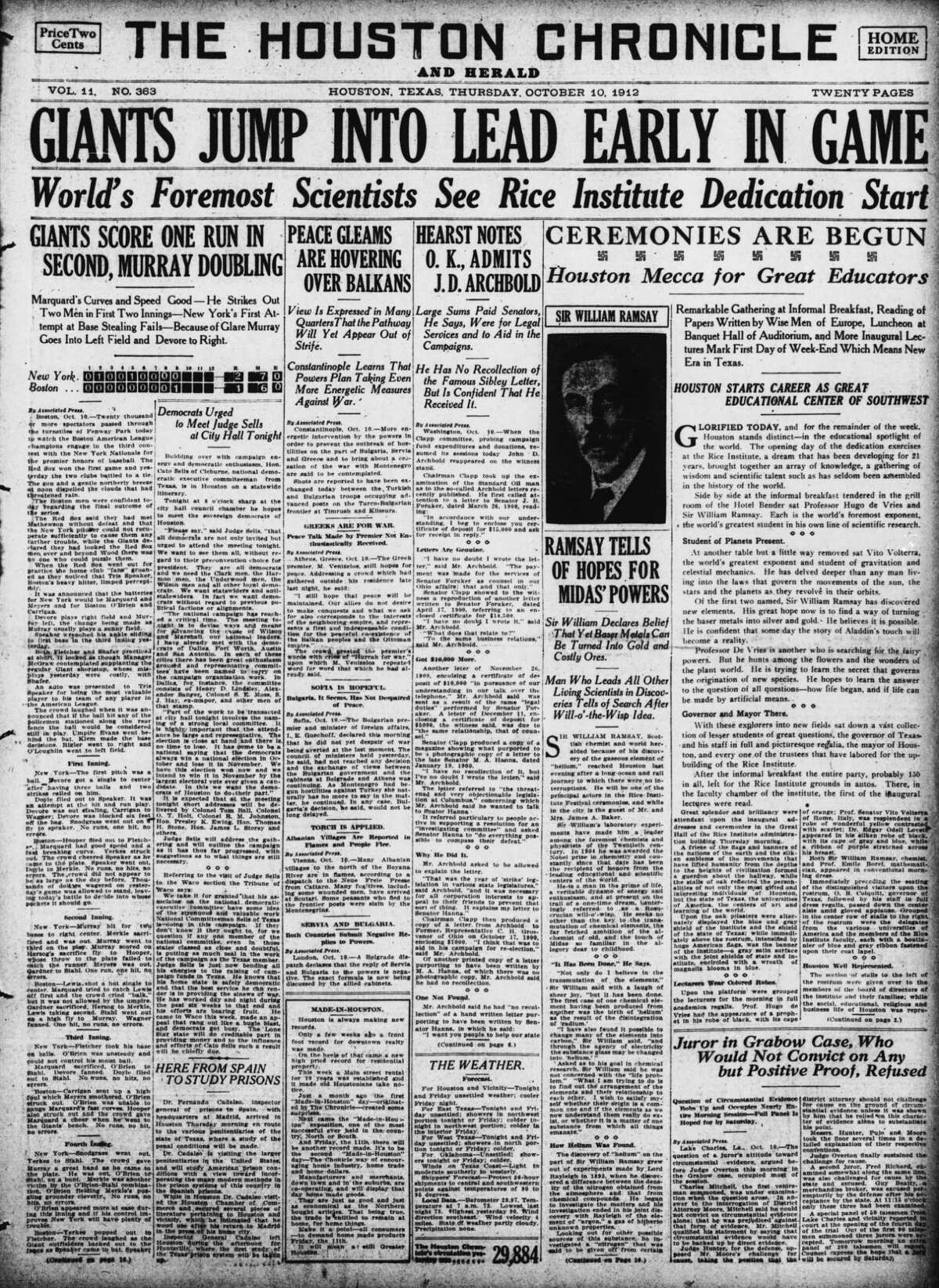 Houston Chronicle front page (HISTORIC) -- October 10, 1912 -- WORLD'S FOREMOST SCIENTISTS SEE RICE INSTITUTE DEDICATION START.