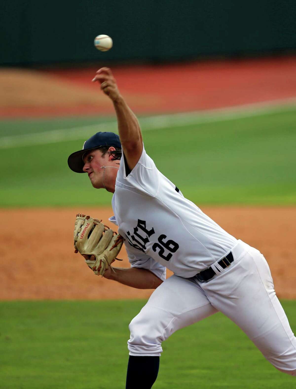 Rice's Blake Fox pitches in the fourth inning of an NCAA college regional baseball game against the Southeastern Louisiana in Baton Rouge, La., Saturday, June 4, 2016. (AP Photo/Gerald Herbert)
