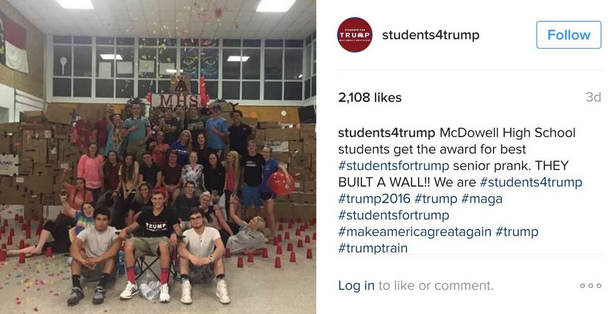 That time students4trump built a wall of their own A group of about 30 students at North Carolina's McDowell High School built a wall of cardboard boxes and blocked access to a common area, leaving their Latino classmates are upset. The students did not face any disciplinary action.