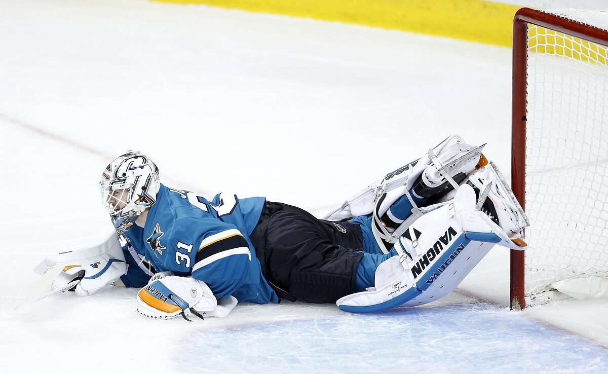 San Jose Sharks' goalie Martin Jones reacts to giving up a 1st period goal to Pittsburgh Penguins' Ian Cole in Game 4 of Stanley Cup Final at SAP Center in San Jose, Calif., on Monday, June 6, 2016.