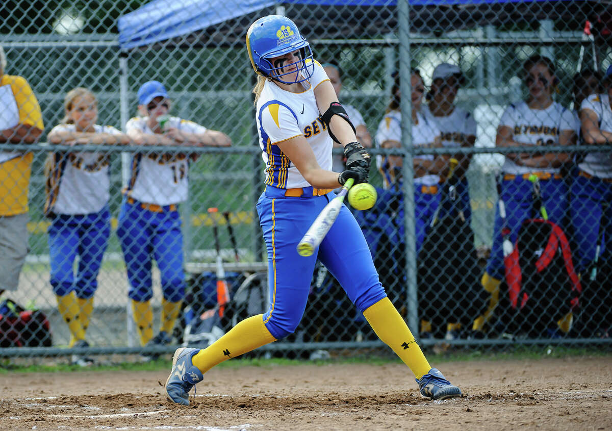 Seymour pitcher Raeanne Geffert gets a hit during Class M semi-final against Stonington at the Dunn Sports Complex in Meriden, Conn. on Monday June 6, 2016. Seymour advanced to the Class M finals after beating Stonington 10-1.