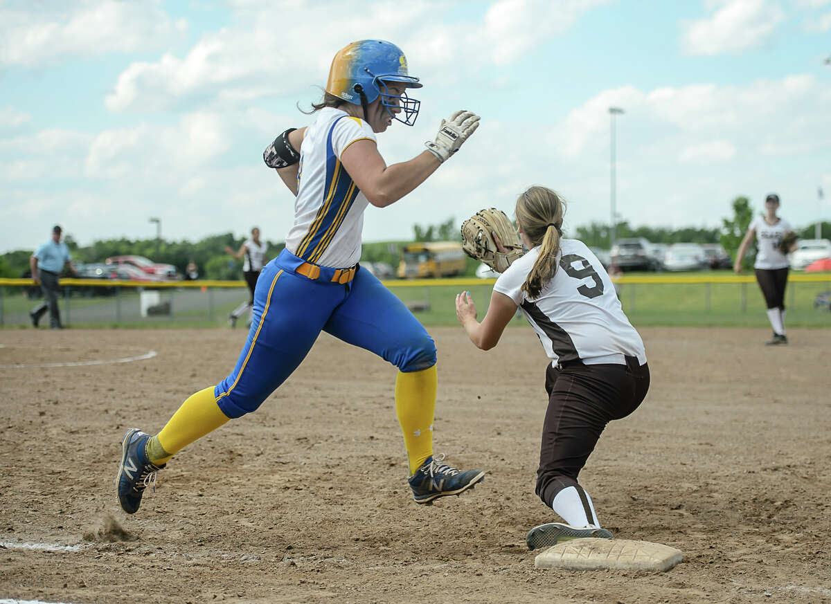 Seymour's Rebecca Findley beats out a play to first base during the Class M semi-final softball game against Stonington at the Dunn Sports Complex in Meriden, Conn. on Monday June 6, 2016. Seymour advanced to the Class M finals after beating Stonington 10-1.