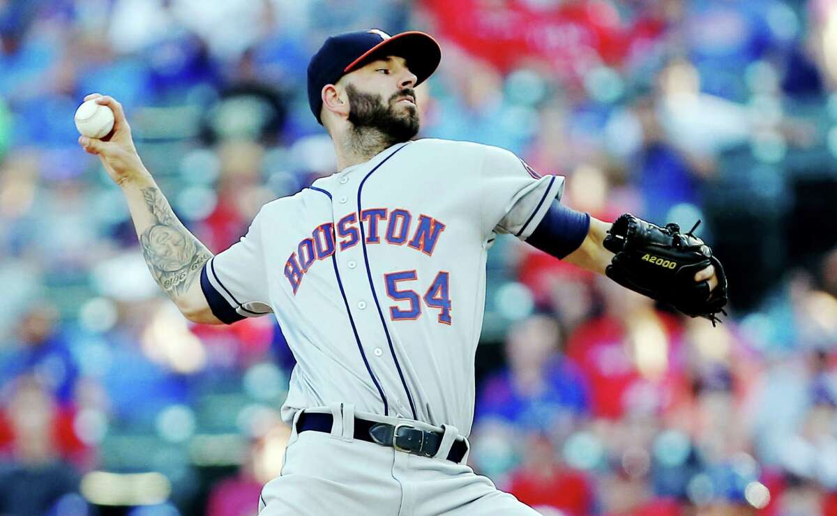 Houston Astros starting pitcher Mike Fiers (54) throws during the first inning of a baseball game against the Houston Astros Monday, June 6, 2016, in Arlington, Texas. (AP Photo/Brandon Wade)