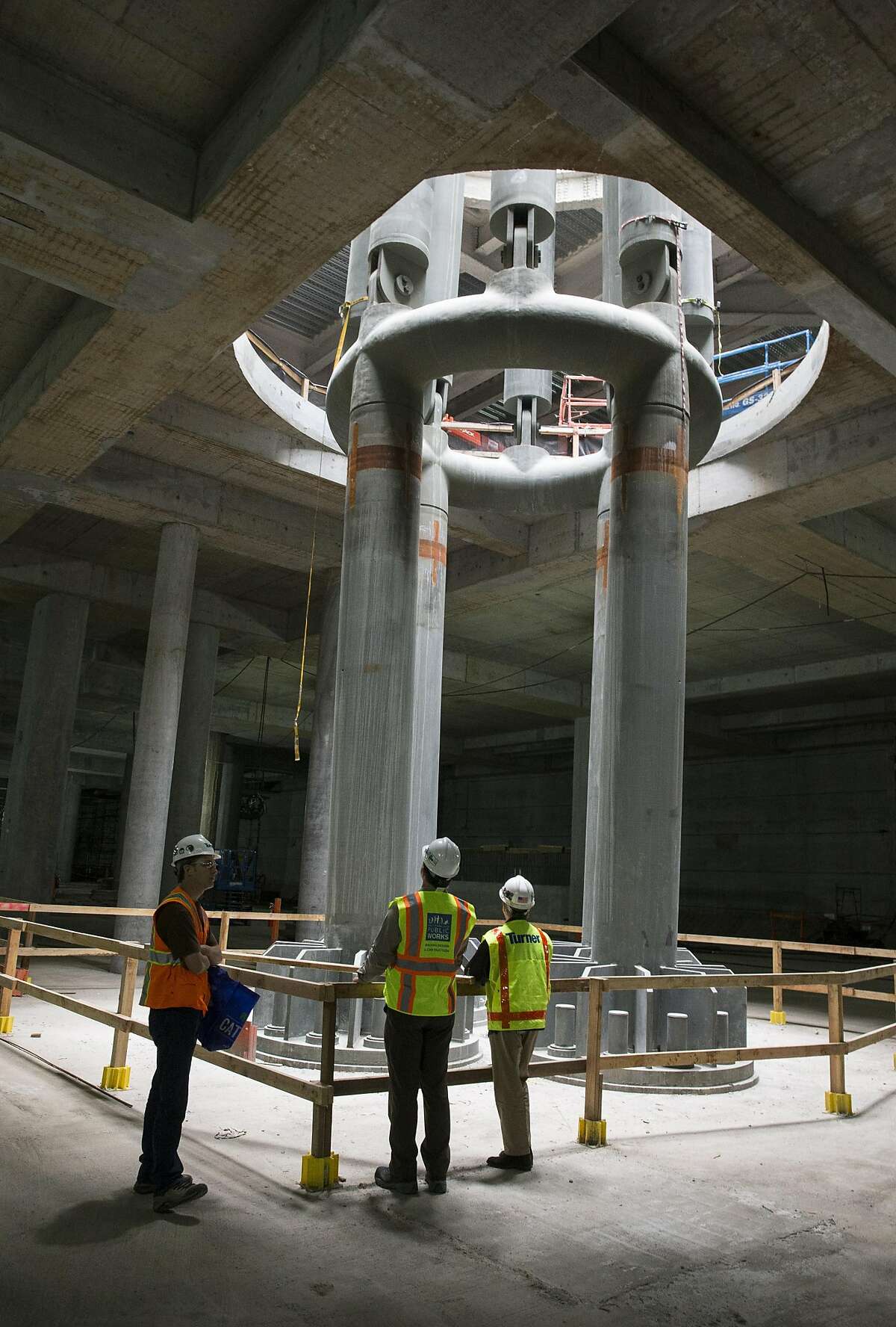 A light column is seen from the train level of the Transbay Transit Center during a tour of the building currently under construction in San Francisco, Calif., on Saturday, June 4, 2016.