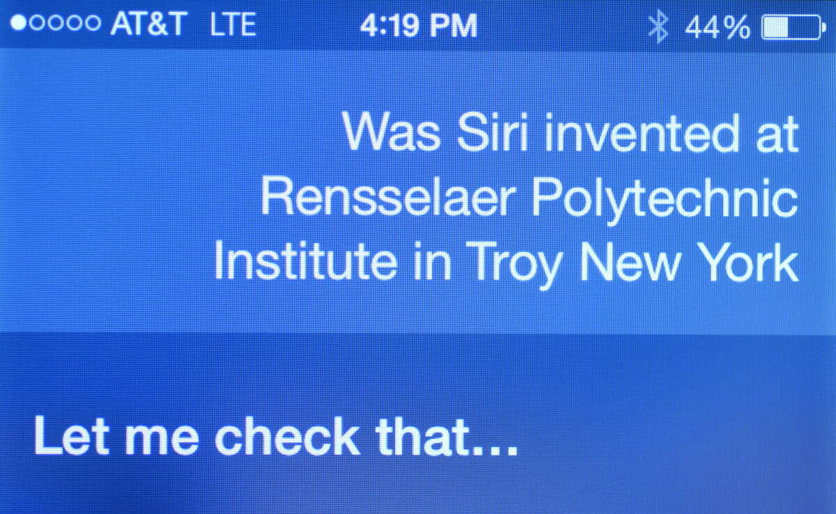 Apple's Siri is asked if it was created at Rensselaer Polytechnic Institute Monday afternoon, July 28, 2014, at the Times Union in Colonie, N.Y. RPI's lawsuit against Apple over Siri took interesting turn after the company that owned the patent's rights was sold to a public company.(Will Waldron/Times Union)