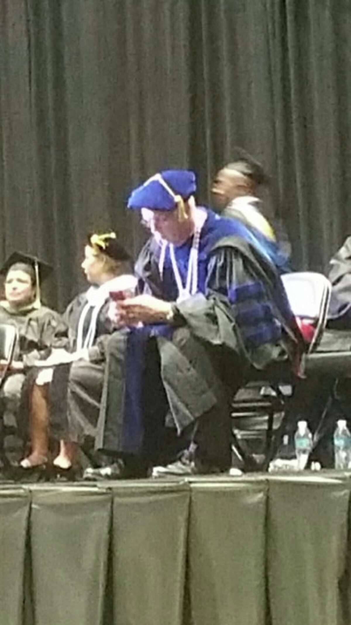 Alamo Colleges Chancellor Bruce Leslie has apologized for being disrespectful during the recent Palo Alto College graduation and promises to put away the phone.