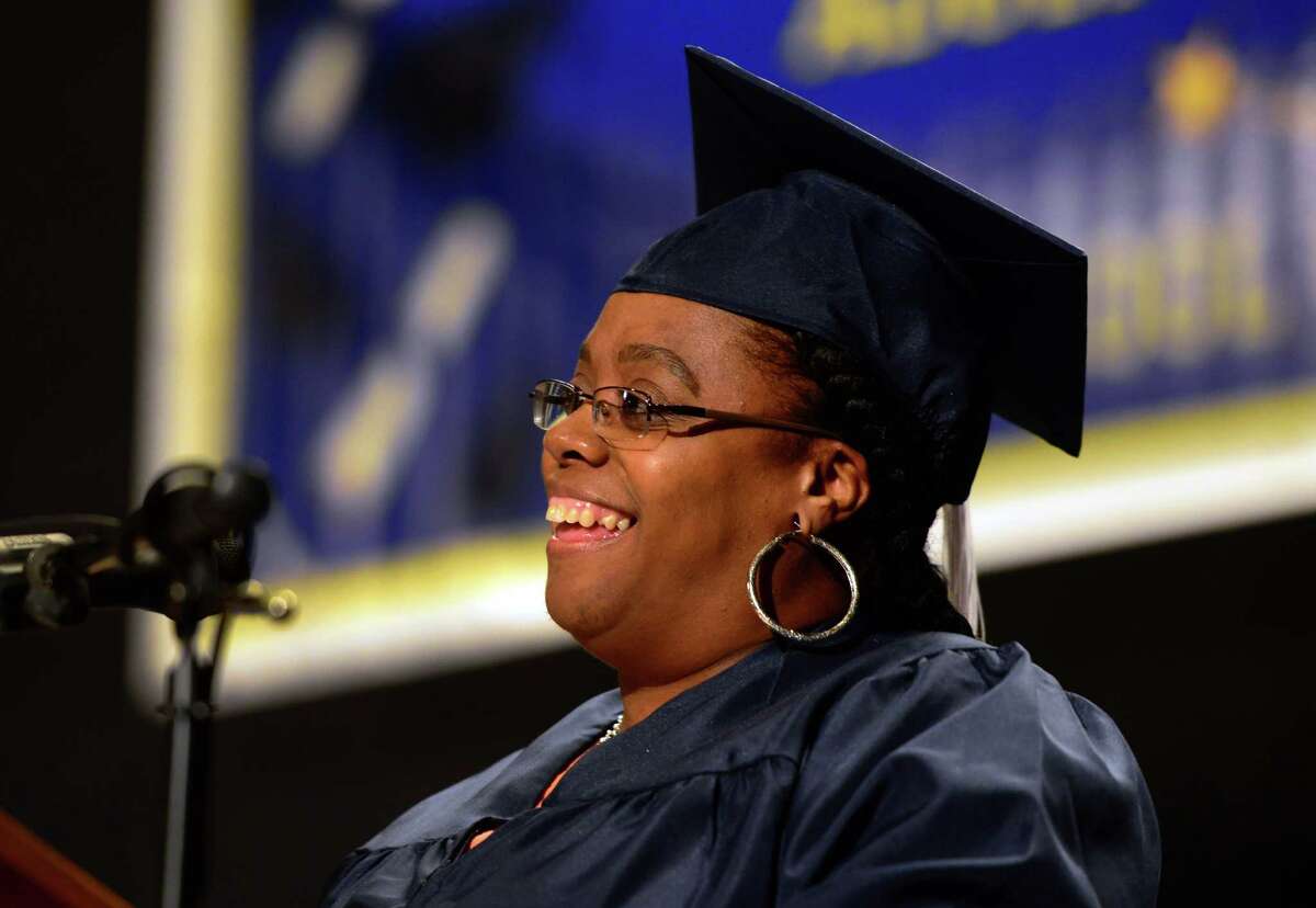 Graduate Amirh Powell speaks at the Bridgeport Adult Education Graduation at the Klein Memorial Auditorium in Bridgeport, Conn., on Wednesday June 08, 2016.