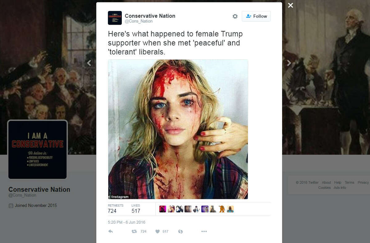 A tweet from Conservative Nation showing a woman allegedly beaten by Donald Trump protesters actually included an image from the show Ash vs. Evil Dead.