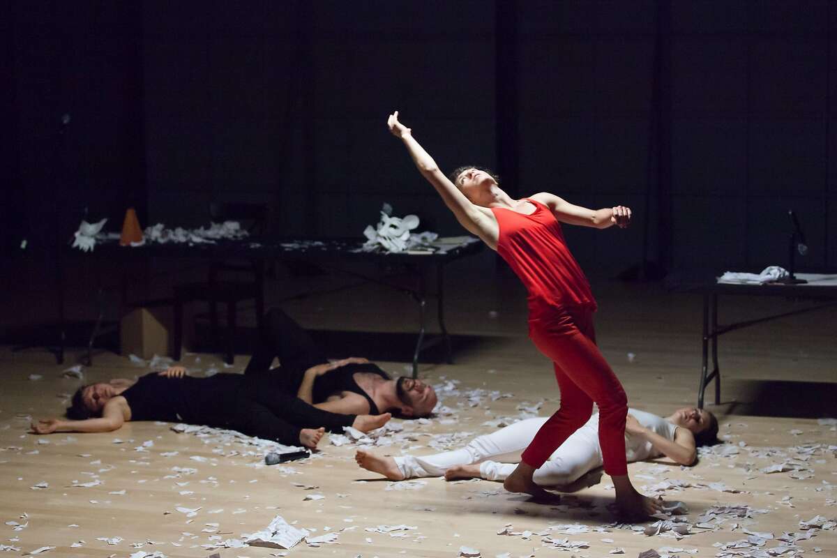 Company: Hope Mohr Dance Choreographer: Hope Mohr Work: Manifesting (world premiere at ODC Theater) Pictured: Tara McArthur in red Photo by: Margo Moritz