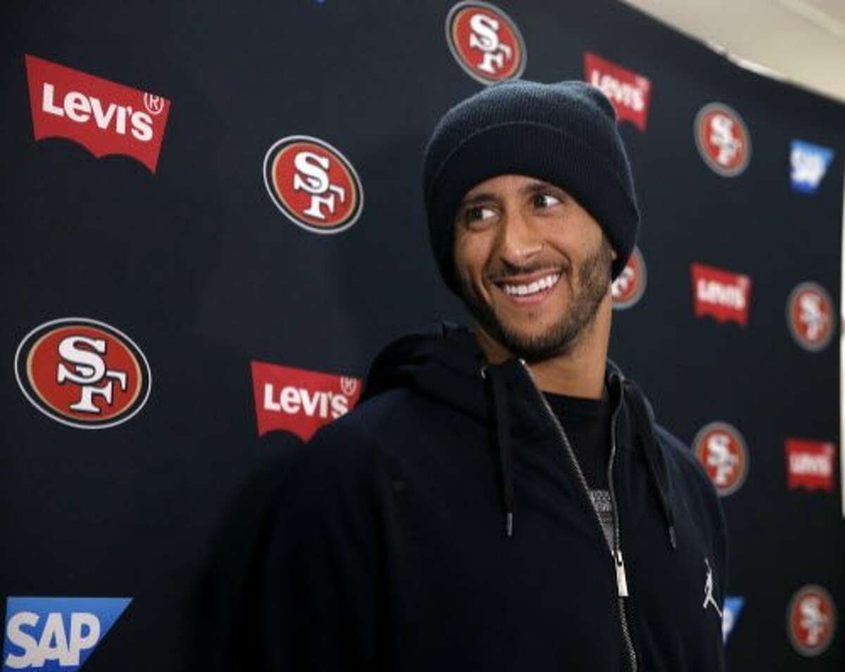 Quarterback Colin Kaepernick meets with sports reporters after participating in a three-day mini camp at the 49ers practice facility in Santa Clara, Calif. on Thursday, June 9, 2016.