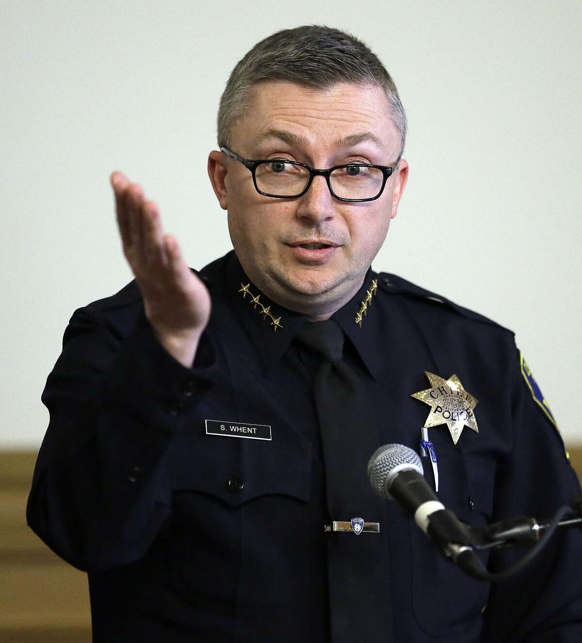 Oakland Chief of Police Sean Whent gestures while speaking during a media conference on Friday, May 13, 2016, in Oakland, Calif. An Internal investigation has been launched into alleged sexual misconduct by three Oakland police officers. (AP Photo/Ben Margot)
