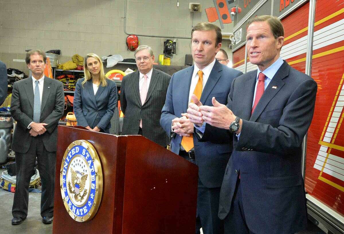 Senators Richard Blumenthal and Chris Murphy talk about the importance of the Zadroga Act, health care for 9-11 first responders, which will be extended, during a press conference at Stamford Fire Departments Station 5 on Tuesday.