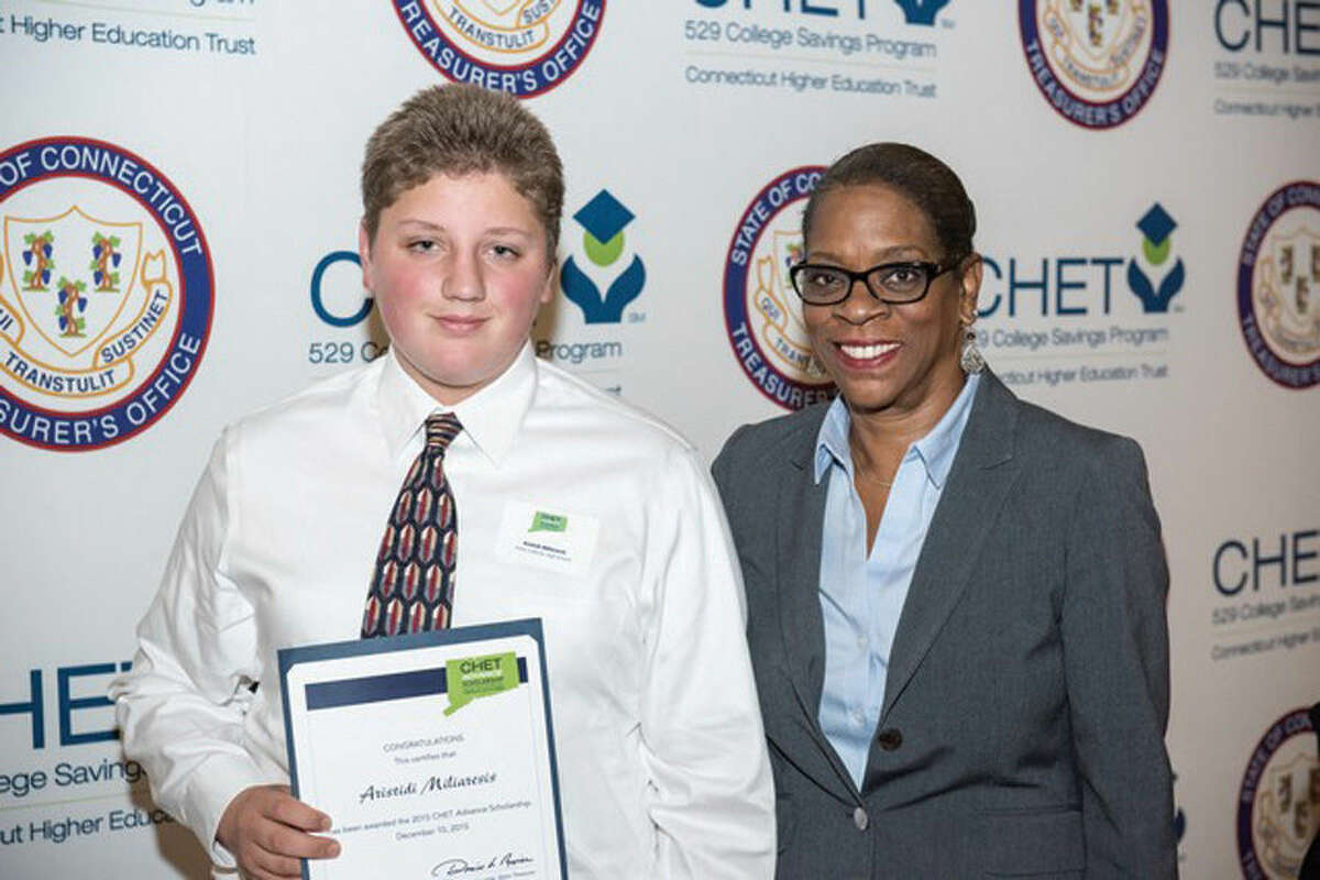 Aristidi Miliaresis, left, and Catherine Massa, right, are among five Stamford high school students recently awarded the 2015 Connecticut Higher Education Trust (CHET) Advance Scholarship. The two are pictured here with Denise Nappier, state treasurer and trustee of the Connecticut Higher Education Trust.