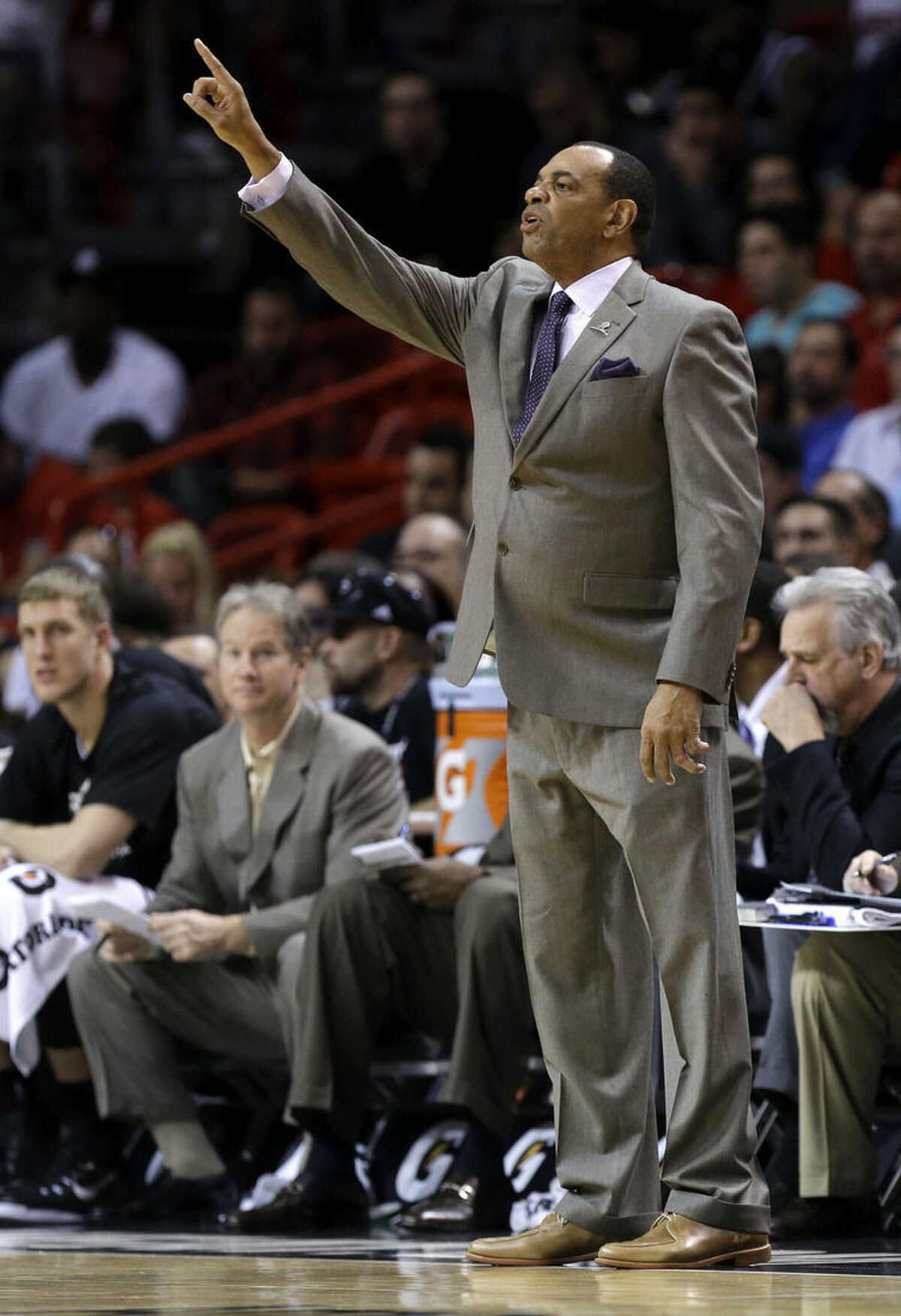 Brooklyn Nets head coach Lionel Hollins gestures during the first half of an NBA basketball game against the Miami Heat, Sunday, Jan. 4, 2015, in Miami. (AP Photo/Lynne Sladky)
