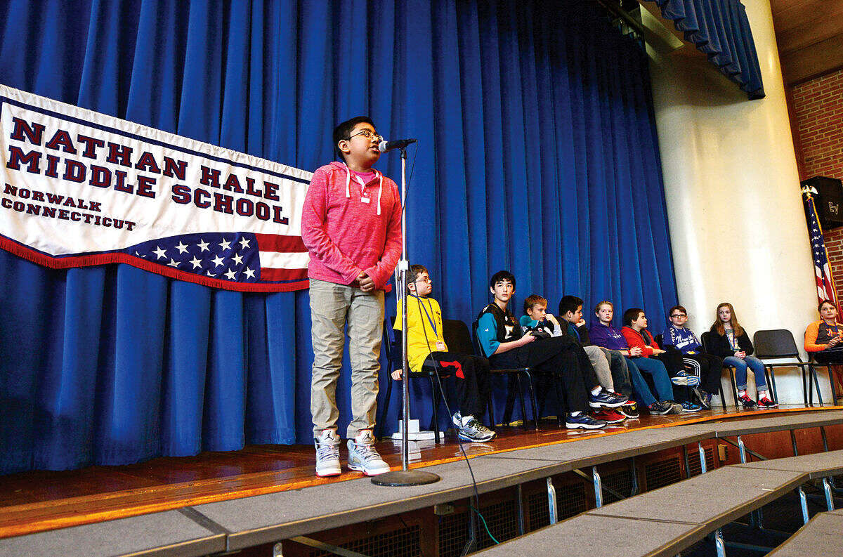 Hour photo / Erik Trautmann Nathan Hale Middle School students compete in the schoolwide Geography Bee Thursday.