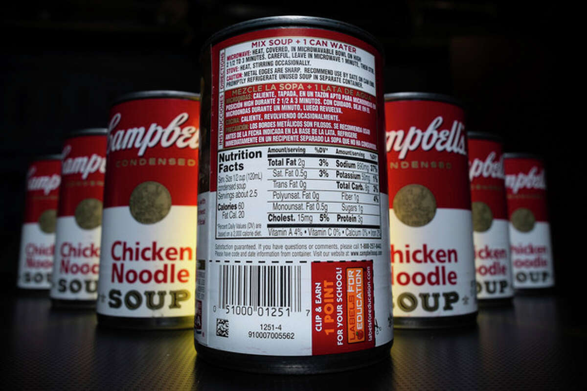 The nutrition information is shown on the back of a Campbell's Chicken Noodle soup can in Washington, Wednesday, Jan. 8, 2014. Some of the nation's largest food companies have curt their calories by the trillions according to a new study. (AP Photo/J. David Ake)