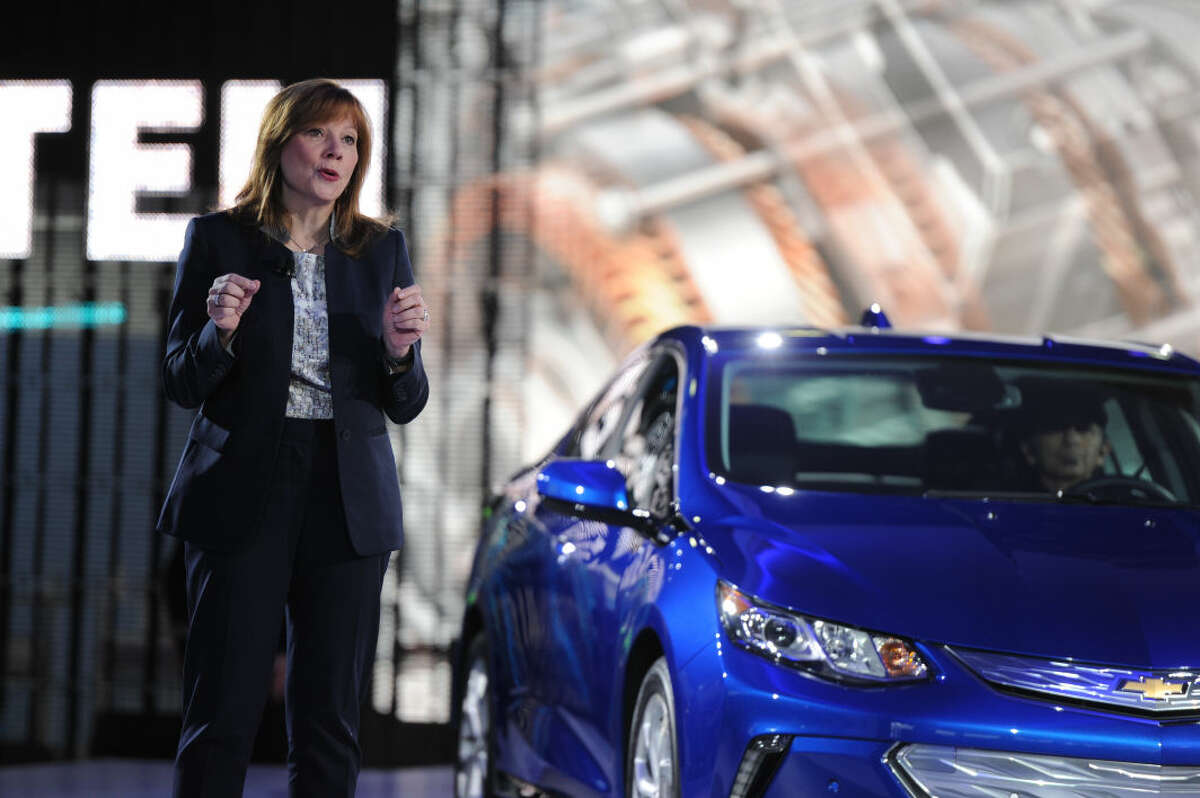 Chief Executive Officer GM Mary Barra introduced the 2016 Chevrolet Volt at the North American International Auto Show in Cobo Center in Downtown Detroit Monday Jan. 12, 2015. (AP Photo/The Grand Rapids Press, Tanya Moutzalia)