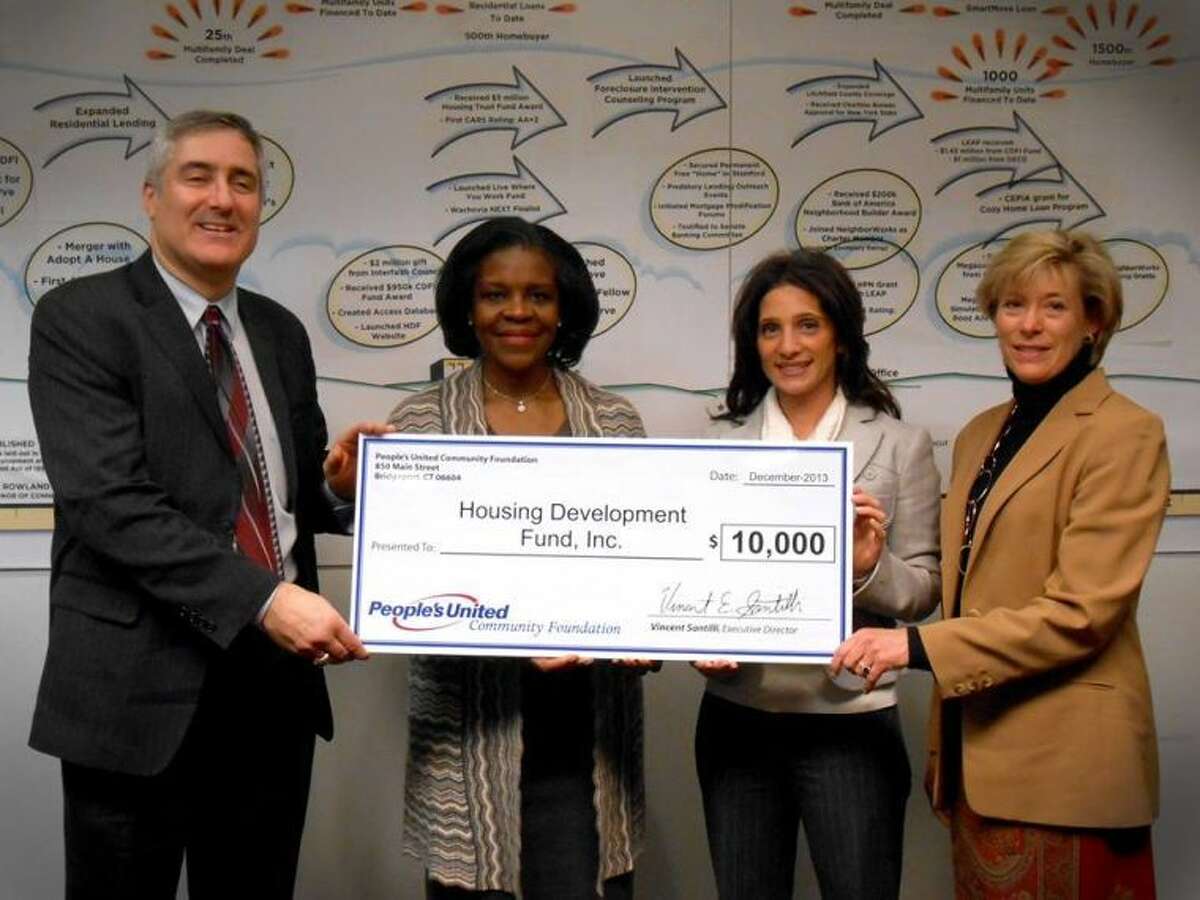 Pictured from left to right: Vincent Santilli, executive director of People’s United Community Foundation; Joanne Taylor, chief operating officer of the Housing Development Fund; Karen Galbo, marketing, public and community relations director for People’s United Community Foundation; and Valerie Senew, greater Fairfield County growth manager for People’s United Bank. The foundation recently awarded a $10,000 grant to the Housing Development Fund in Stamford.