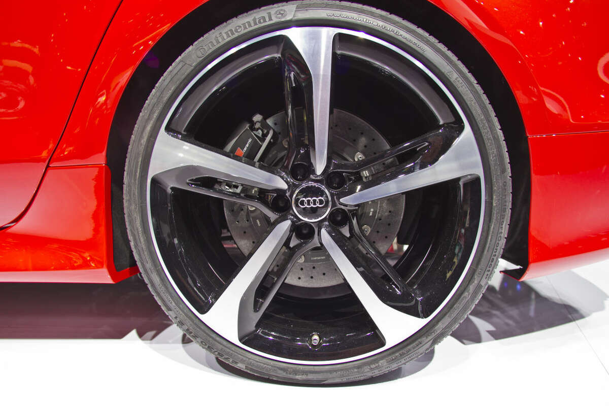 A wheel of an Audi RS7 sedan, on display at the North American International Auto Show, Monday, Jan. 12, 2015, in Detroit. (AP Photo/Tony Ding)