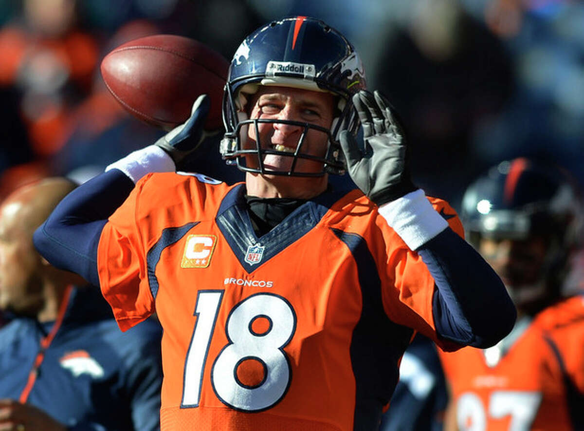 Denver Broncos quarterback Peyton Manning warms up before playing against the San Diego Chargers in an NFL AFC division playoff football game, Sunday, Jan. 12, 2014, in Denver. (AP Photo/Jack Dempsey)