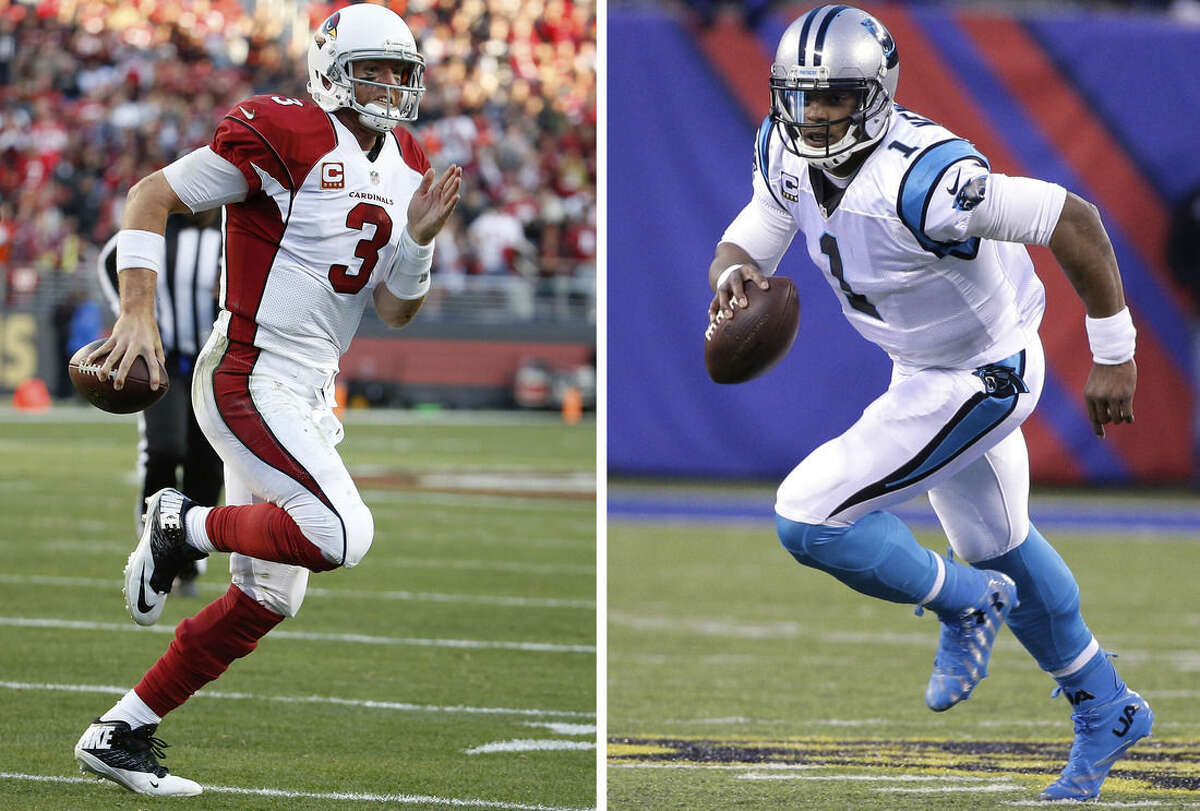 FILE - At left, in Nov. 29, 2015, file photo, Arizona Cardinals quarterback Carson Palmer (3) runs for a touchdown against the San Francisco 49ers during the second half of an NFL football game in Santa Clara, Calif. At right, in a Dec. 20, 2015, file photo, Carolina Panthers' Cam Newton (1) plays during the second half of an NFL football game against the New York Giants, in East Rutherford, N.J. Arizona and Carolina play in the NFC Championship game on Sunday, Jan. 24, in Charlotte, N.C. (AP Photo/File)